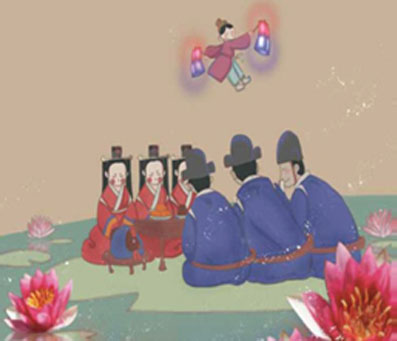 세 신인과 공주가 짝을 이뤄 혼례를 올리는 삽화