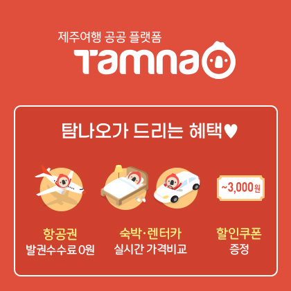 탐나오가 드리는 혜택, 항공권 발권수수료 0원, 숙박/렌터카 실시간 가격비교, ~3000원 할인쿠폰 증정