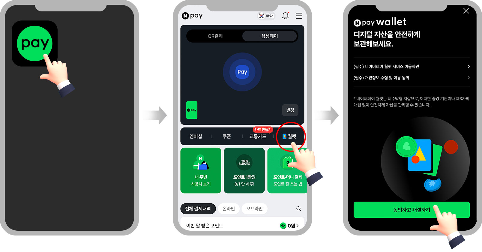 네이버 페이앱에서 월렛 실행하는 방법과 비밀번호 설정 설명 이미지